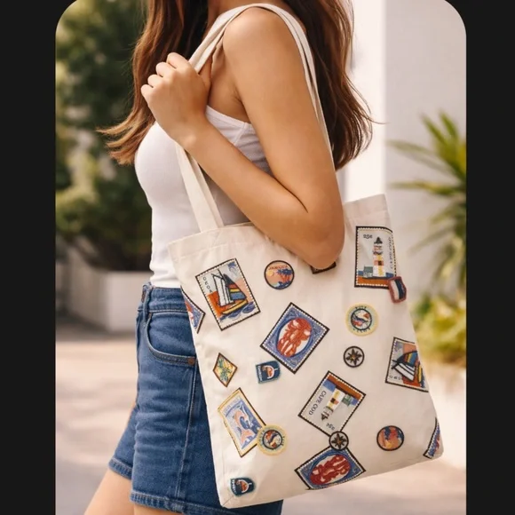 Anthropologie Printed Beaded Canvas Tote Bag - Picture 4 of 4